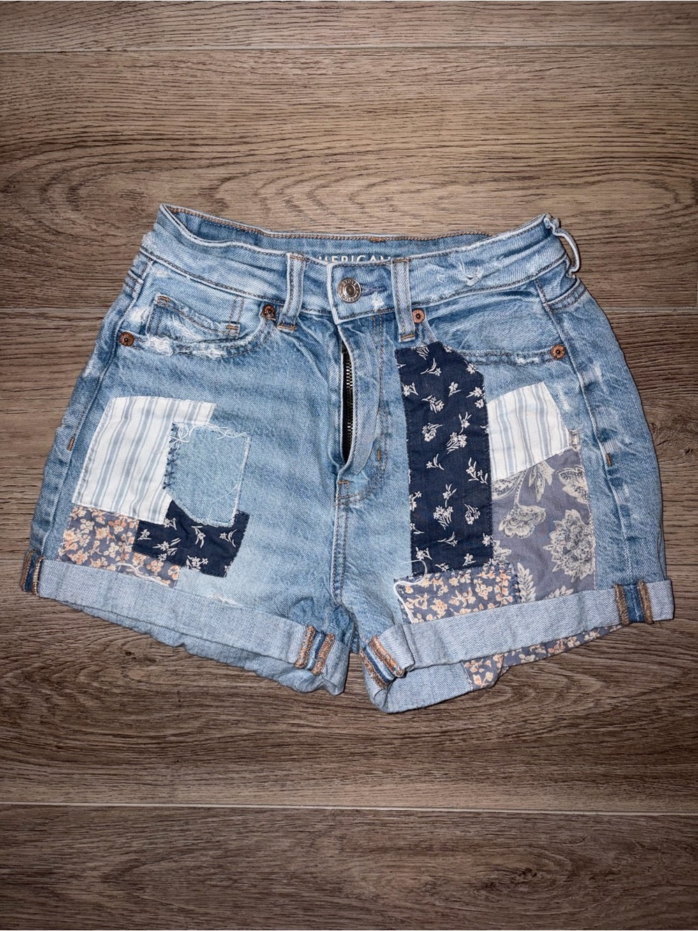 American Eagle Outfitters Light Blue Denim Patchwork Shorts